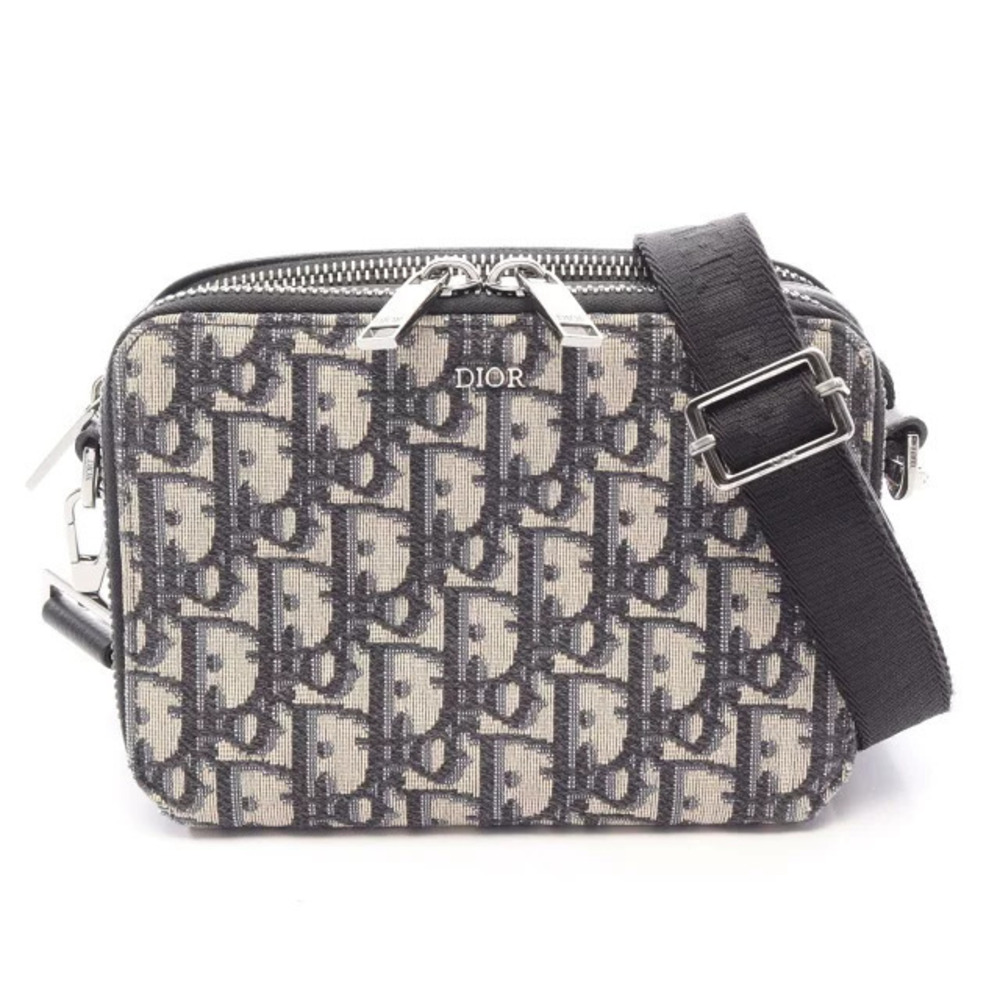 Christian Dior Zip Pouch Oblique Canvas Leather Shoulder Bag Navy Blue Beige